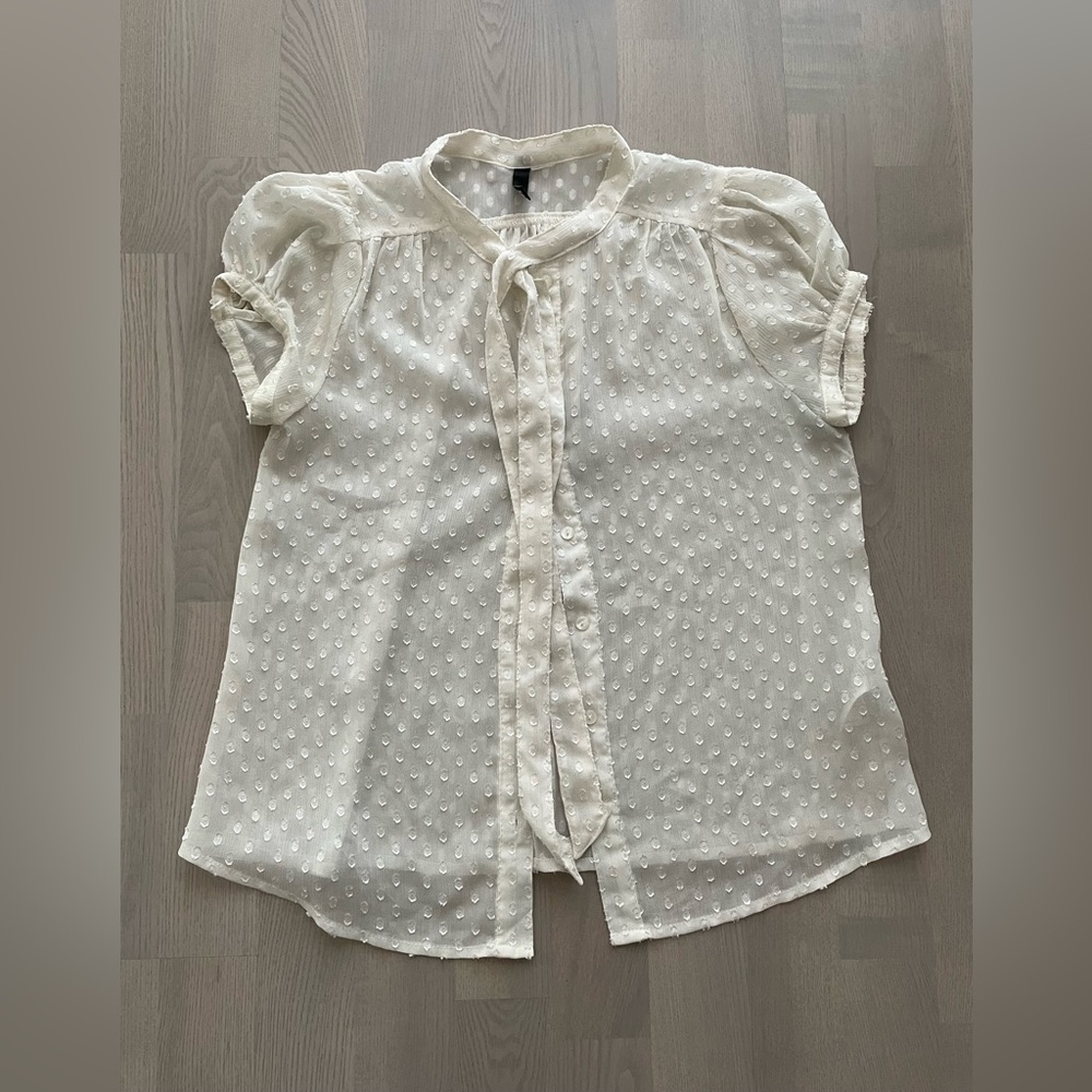 H&M Chiffon Semi Sheer Ivory Beige Textured Polka Dots Top with Tie Details